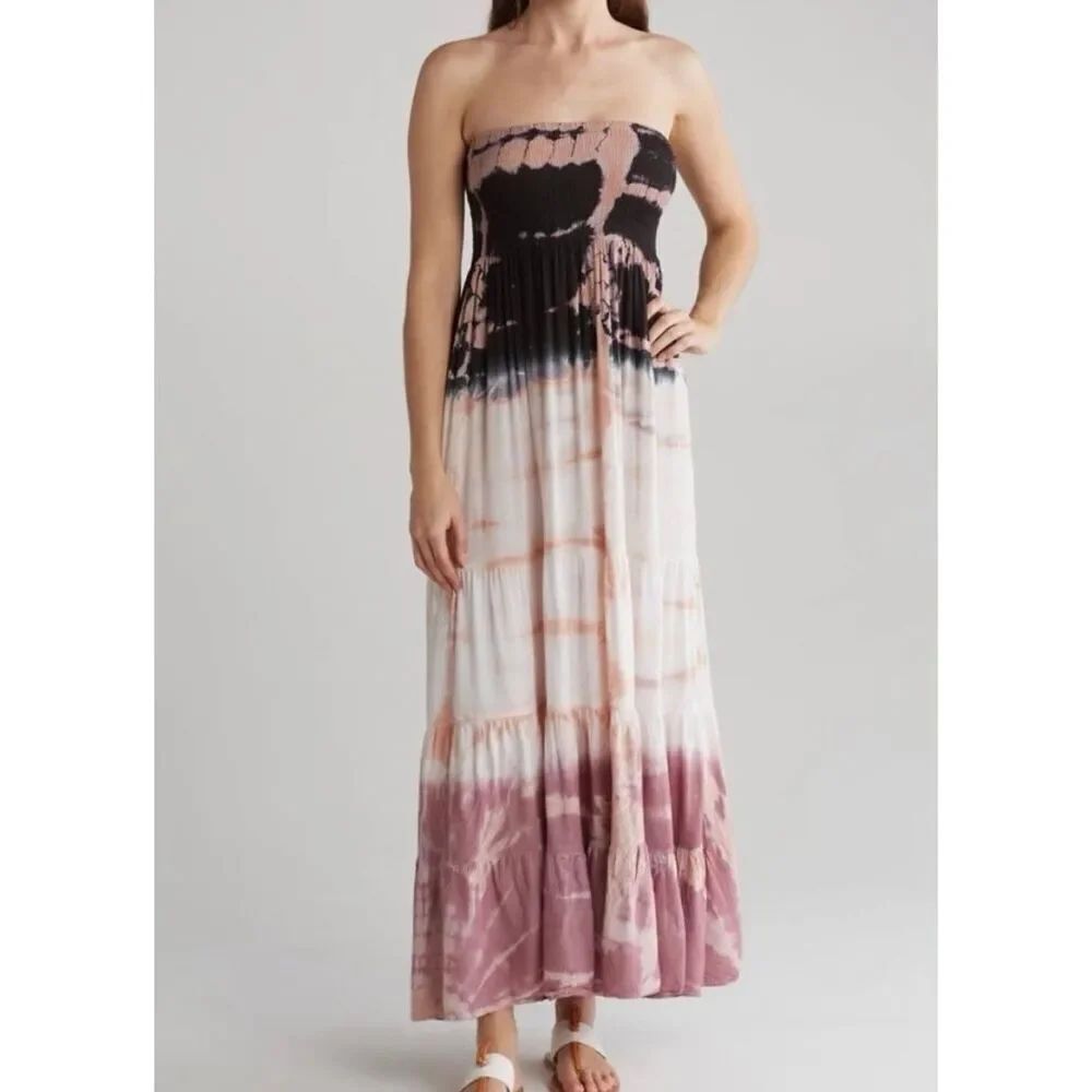 NWT Nordstrom Boho Me XL Ombré Tiered Pink, Black Tie Dye Strapless Maxi Dress